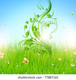 Summer vector grass wallpaper with flowers, ladybird, drops and sun shine. eps 10.