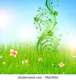 Summer vector grass wallpaper with flowers, ladybird, drops and sun shine. eps 10.