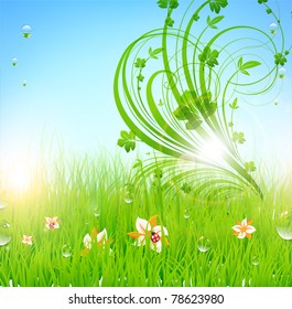 Summer vector grass wallpaper with flowers, ladybird, drops and sun shine. eps 10.
