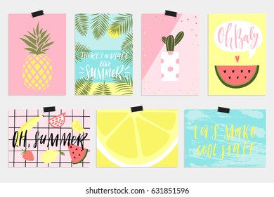 Summer vector greeting cards, invitation, tags and posters with fun elements, hand drawn lettering and textures set. Collection of palm tropical leaves, watermelon, banana, pineapple and much more