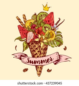 Summer vector hand drawn greeting card with a fruity cocktail in waffle cone, flowers isolated natural illustration, Berries in waffle cones