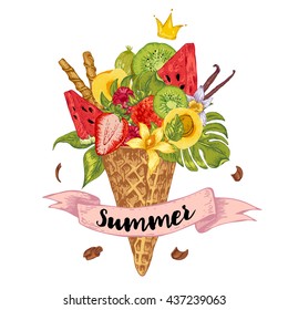 Summer vector hand drawn greeting card with a fruity cocktail in waffle cone, flowers isolated natural illustration, Berries in waffle cones