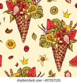 Summer vector hand drawn seamless pattern with a fruity cocktail in waffle cone, flowers isolated natural illustration, Berries in waffle cones