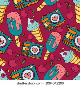 Summer vector hand-drawn seamless pattern with ice cream, camera, cherry on claret background