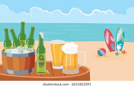 Summer vector. Summer holiday on beach clipart. Beach landscape with beer bottles and beer mugs. Summer tropical. Flat vector in cartoon style isolated on white background.