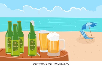 Summer vector. Summer holiday on beach clipart. Beach landscape with beer bottles and beer mugs. Summer tropical. Flat vector in cartoon style isolated on white background.