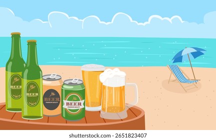 Summer vector. Summer holiday on beach clipart. Beach landscape with beer bottles and beer mugs. Summer tropical. Flat vector in cartoon style isolated on white background.