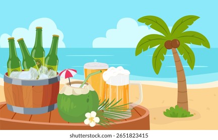 Summer vector. Summer holiday on beach clipart. Beach landscape with beer bottles and coconut drinks. Summer tropical. Flat vector in cartoon style isolated on white background.