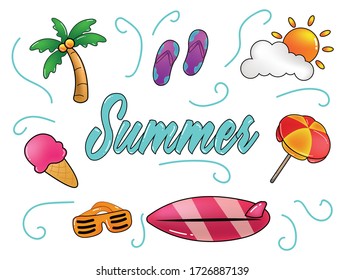 Summer vector icon in cute cartoon doodle style