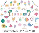 Summer vector icon illustration set 
 : cute illustrations of watermelon, palm tree, cream soda, etc.