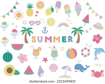 Summer vector icon illustration set 
 : cute illustrations of watermelon, palm tree, cream soda, etc.