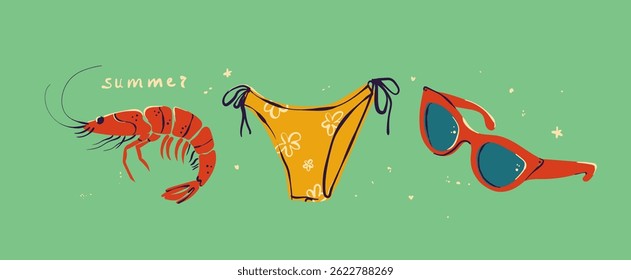 Summer vector icon illustrations for sticker. Icons, signs and banners. Bright summertime poster. Collection elements for summer holiday and party.
