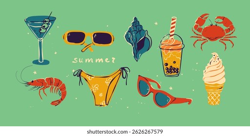 Ilustraciones del icono del Vector del verano para la etiqueta engomada. Iconos, signos y Anuncios. Brillante cartel de verano. Elementos de colección para vacaciones de verano y fiesta.
