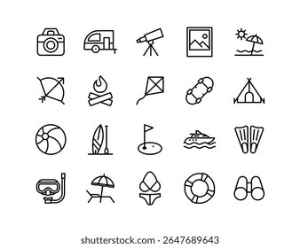 Summer Vector Icon Set | Adjustable Line Weight | Travel, vacation, camping, beach, snorkeling, surfing, photography, telescope, yacht, leisure, adventure, outdoor recreation, exploration icons