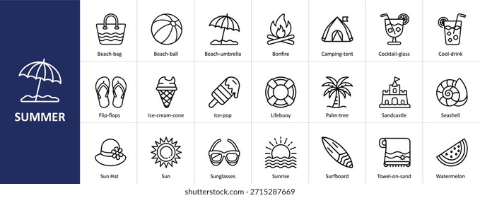 Sommer-Vektorsymbol-Set mit Strand-, Urlaubs- und Heißwetterkonzepten
