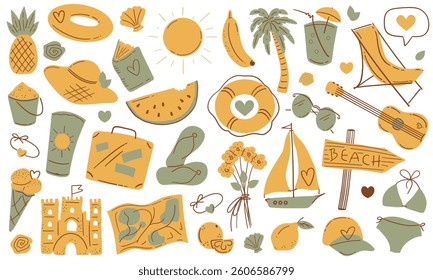 Summer vector icon set collection flat design beach vacation tropical elements swimsuit hat palm banana boat sunblock pineapple drink cap book flipflops sunglasses guitar sun travel holiday fun
