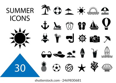 Summer vector icon set. Icons, signs and banners. Collection elements for summer holidays, travel, tourism and parties. Vector illustration