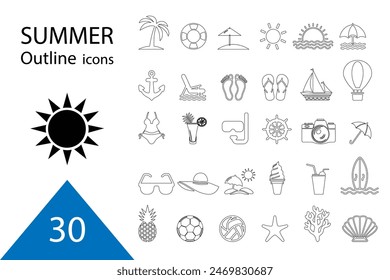 Summer vector icon set. Icons, signs and banners. Collection elements for summer holidays, travel, tourism and parties. Vector illustration