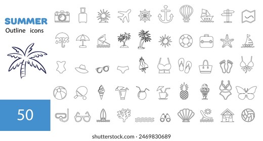 Summer vector icon set. Icons, signs and banners. Collection elements for summer holidays, travel, tourism and parties. Vector illustration