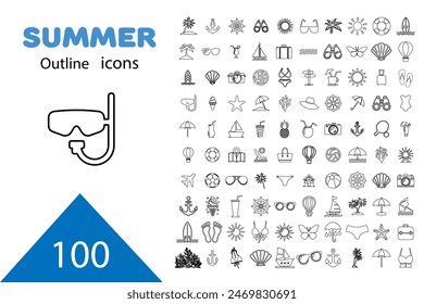 Summer vector icon set. Icons, signs and banners. Collection elements for summer holidays, travel, tourism and parties. Vector illustration