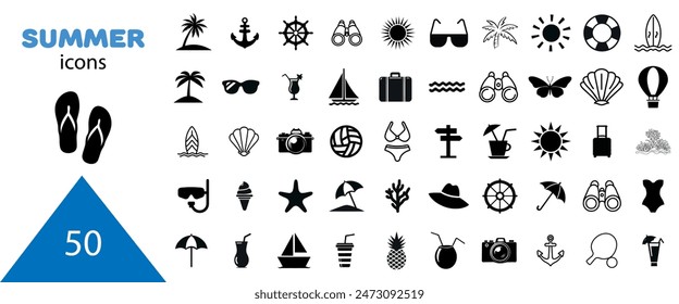 Conjunto de iconos de Vector de verano. Iconos, señales y Anuncios. Elementos de colección para vacaciones de verano, viajes, turismo y fiestas. Ilustración vectorial.