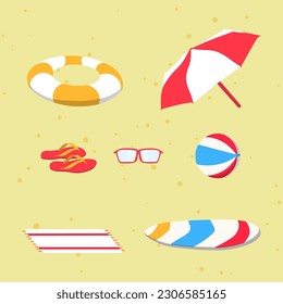 Summer  vector icon set. Inflatable ball, sunglasses, starfish, summer rug, surfing board, float tire, umbrella.