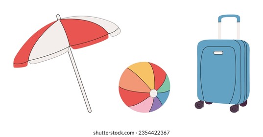 Summer vector icon set. Inflatable ball, suitcase, umbrella. Vector set of beach and sea, Summer Journey, Time to Travel Concept.