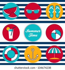 Summer vector icon set on striped background with sunglasses, watermelon, anchor, umbrella, flip flops, cocktail. Flat style simple illustrations collection