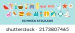 Summer vector icon set for sticker. Icons, signs and banners. Bright summertime poster. Collection elements for summer holiday and party. Vector illustration 