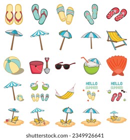 Summer vector icon set for sticker. Icons, signs and banners. Bright summertime poster. Collection elements for summer holiday and party. Vector illustration