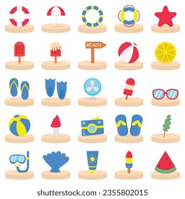 Summer vector icon set for sticker. Icons, signs and banners. Bright summertime poster. Collection elements for summer holiday and party. Vector illustration