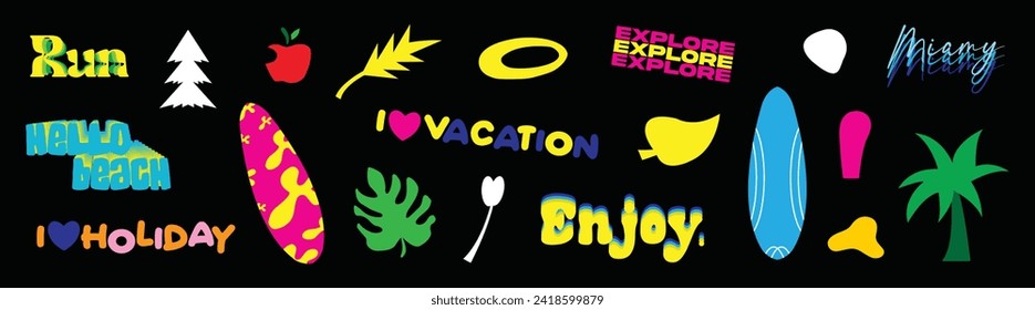 
Summer vector icon set for sticker. Icons, signs and banners. Bright summertime poster. Collection elements for summer holiday and beach. Vector illustration
