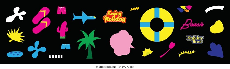 Summer vector icon set for sticker. Icons, signs and banners. Bright summertime poster. Collection elements for summer holiday and beach. Vector illustration