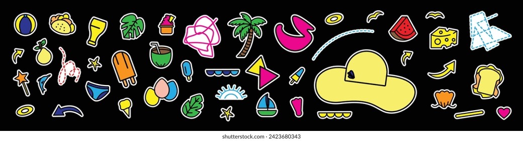 Summer vector icon set for sticker. Icons, signs and banners. Bright summertime poster. Collection elements for summer holiday and beach. Vector illustration