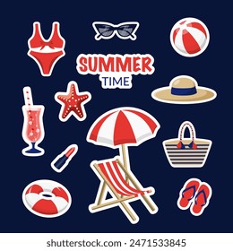 Summer vector icon set for sticker. Collection of stickers of beach elements