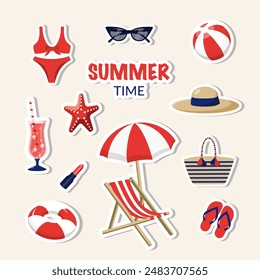 Summer vector icon set for sticker. Collection of stickers of beach elements