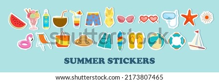 Summer vector icon set for sticker. Icons, signs and banners. Bright summertime poster. Collection elements for summer holiday and party. Vector illustration 