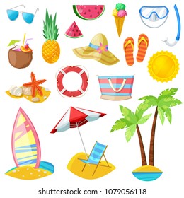 Summer vector icons and design elements isolated on white background. Travel, tourism and vacation illustration.