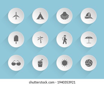 Sommervektorsymbole auf runden, puffigen Papierkreisen mit transparentem Hintergrund. Stockvektorsymbole im Sommer für Web-, Mobil- und Benutzeroberfläche