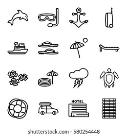 Summer vector icons. Set of 16 Summer outline icons such as turtle  illsutration, umbrella, sunbed, thunderstorm, jalousie, sun, inflatable pool and umbrella, flip flops