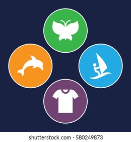 Summer vector icons. Set of 4 Summer filled icons such as t-shirt, butterfly, surfing