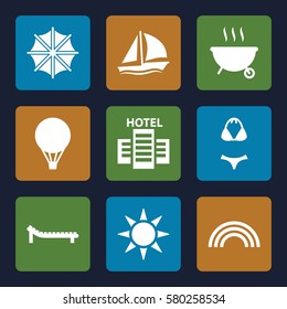 Summer vector icons. Set of 9 Summer filled icons such as sun, sunbed, rainbow, hotel, swimsuit, umbrella, sailboat, air balloon