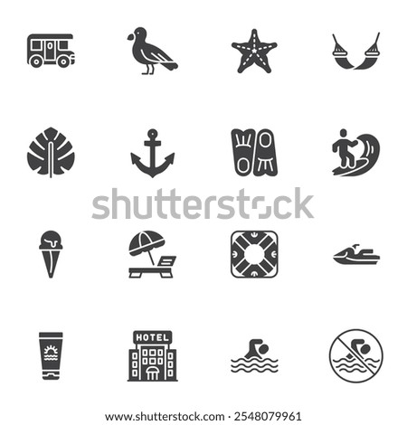 Summer vector icons set, modern solid symbol collection, filled style pictogram pack. Signs, logo illustration. Set includes icons as swimming, surfing, ice cream, sunscreen, parasol and deckchair
