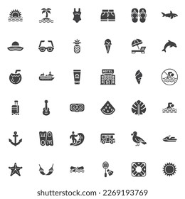 Juego de iconos vectoriales de verano, colección moderna de símbolos sólidos de turismo, paquete de pictogramas estilo relleno. Señales, ilustración del logotipo. Set incluye íconos como Viajes, surf, cruceros, playa de puesta de sol, cóctel