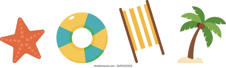 Summer vector icons set which included starfish, coconut tree, sunbath bed and lifebuoy