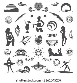 Summer vector icons and silhouettes set in retro style isolated on white background. Can be used for poster, badge and advertising banner.