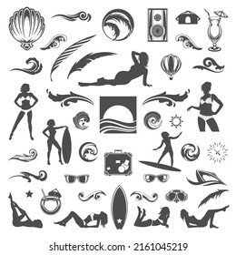 Summer vector icons and silhouettes set in retro style isolated on white background. Can be used for poster, badge and advertising banner.