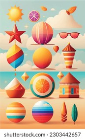 Summer  vector icons trendy  set. . Icons, signs and banners. Bright summertime poster. Collection elements for summer holiday and party. Vector illustration