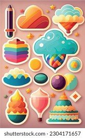 Summer  vector icons trendy  set. . Icons, signs and banners. Bright summertime poster. Collection elements for summer holiday and party. Vector illustration