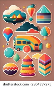 Summer  vector icons trendy  set. . Icons, signs and banners. Bright summertime poster. Collection elements for summer holiday and party. Vector illustration